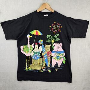 Vintage Animals Beach Party Shirt Large Black Funny Art 90s USA Single Stitch